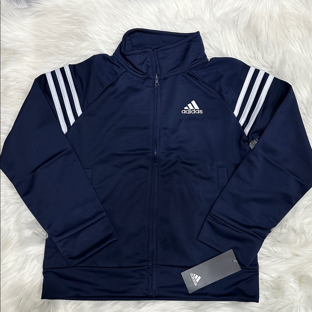 Adidas Youth Track Jacket Navy Blue Full Zip Striped Size 8 Brand New